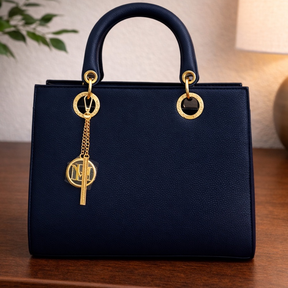 Badgley Mischka Vegan Leather Navy Satchel with Gold Charm NWT